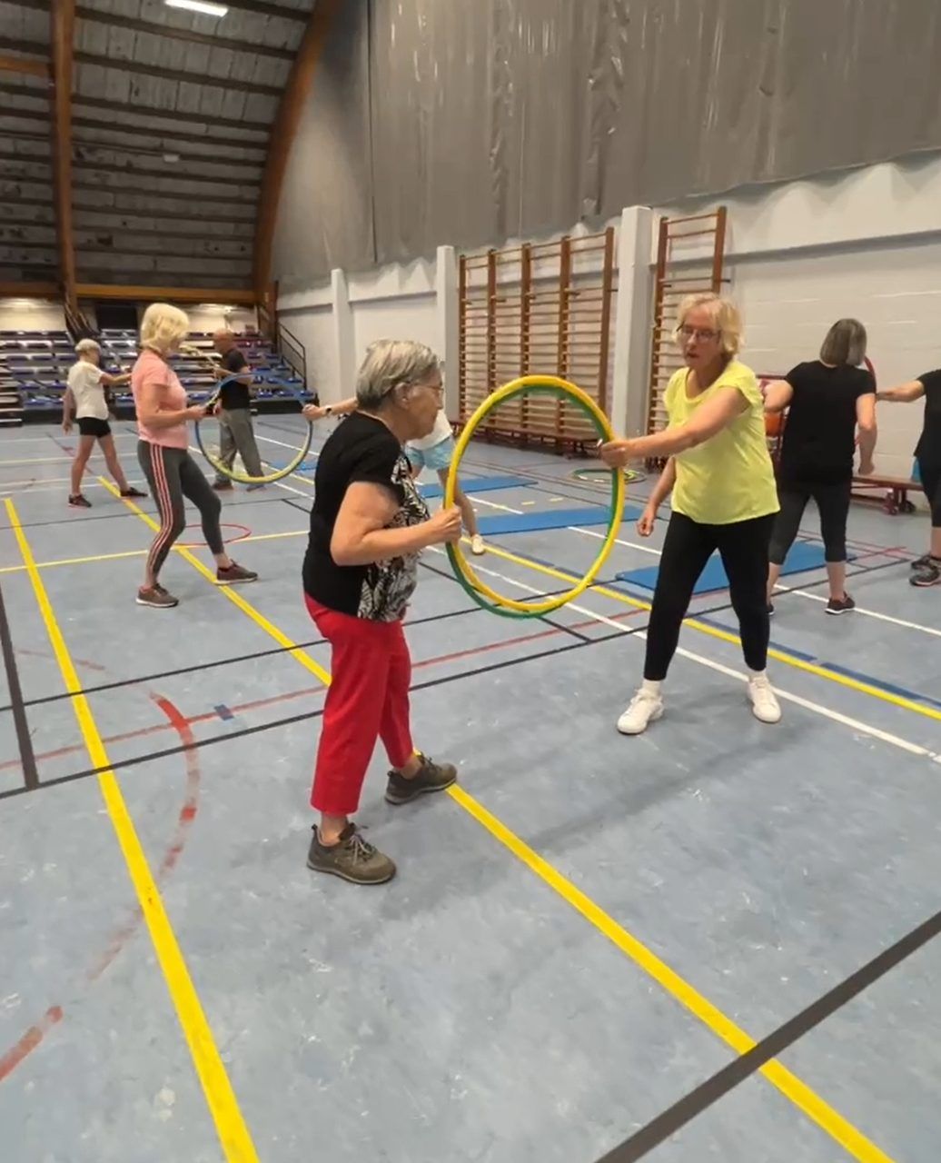 Senioren oefenen met hoepels tijdens de groepsles Krachttraining 60+ van Activate Performance in de sporthal in Balen